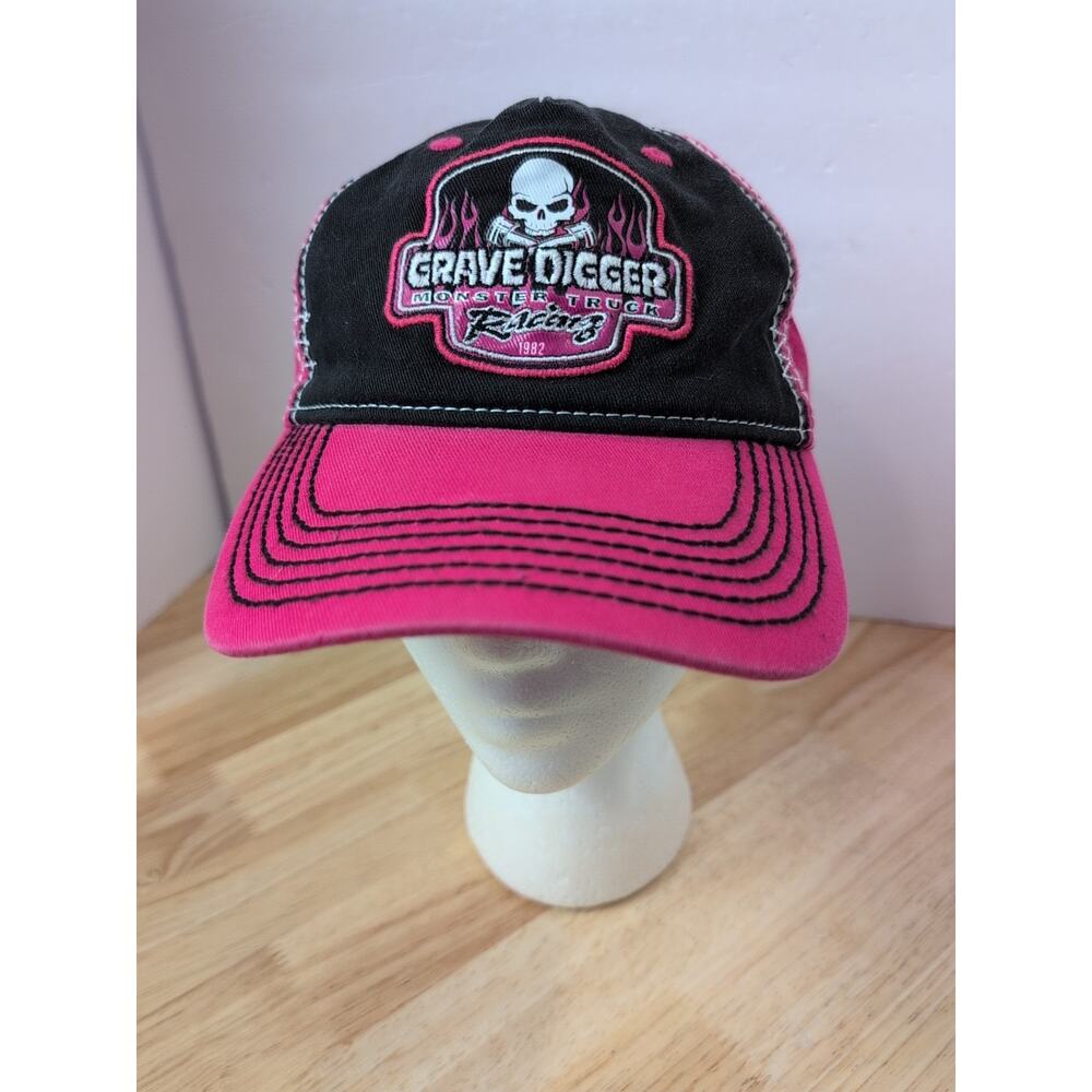 Gravedigger Hat Monster Truck Racing 1982 Pink OS Monster Jam Hook And Loop.